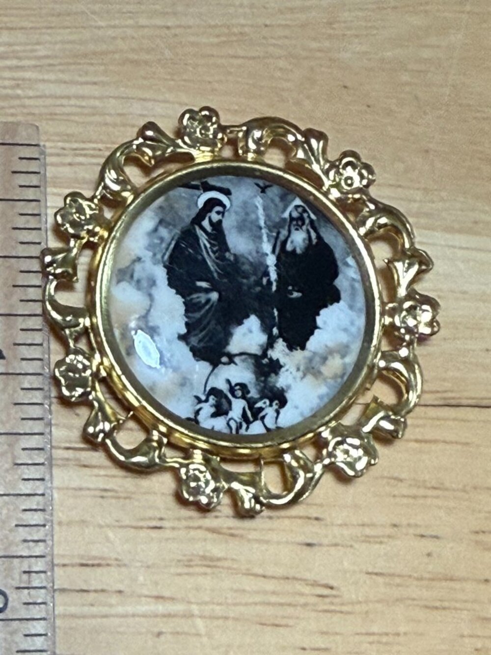 Vintage Old Holy Trinity Religious Pin Brooch Gold Filigree Pinback